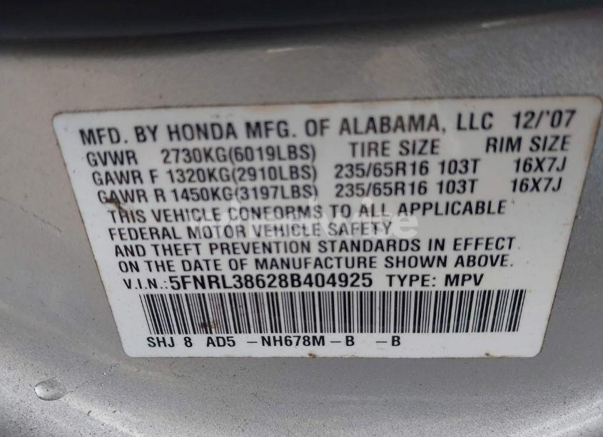 Photo 9 of 2008 Honda Odyssey EX-L (VIN 5FNRL38628B404925)