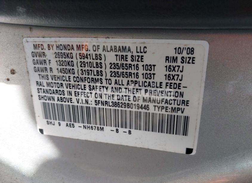 Photo 9 of 2009 Honda Odyssey EX-L (VIN 5FNRL38629B019446)