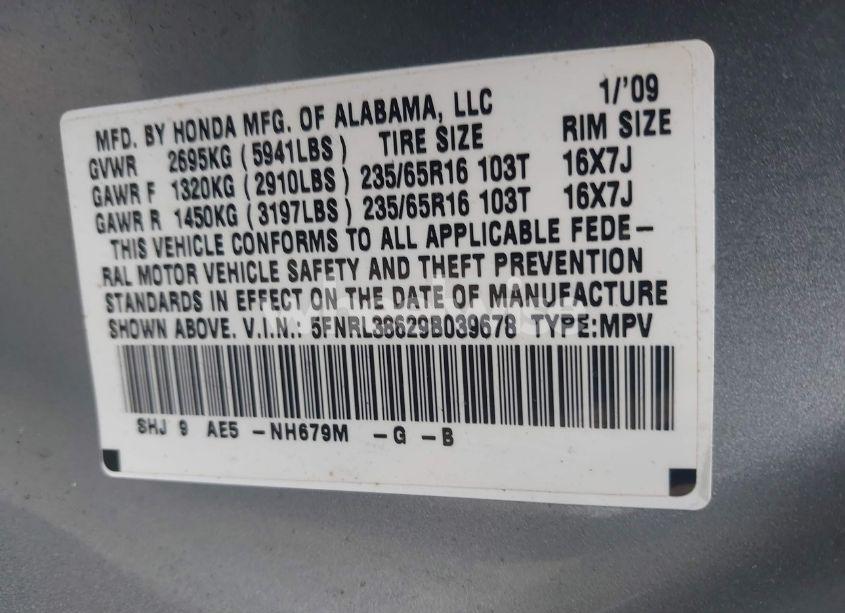 Photo 9 of 2009 Honda Odyssey EX-L (VIN 5FNRL38629B039678)