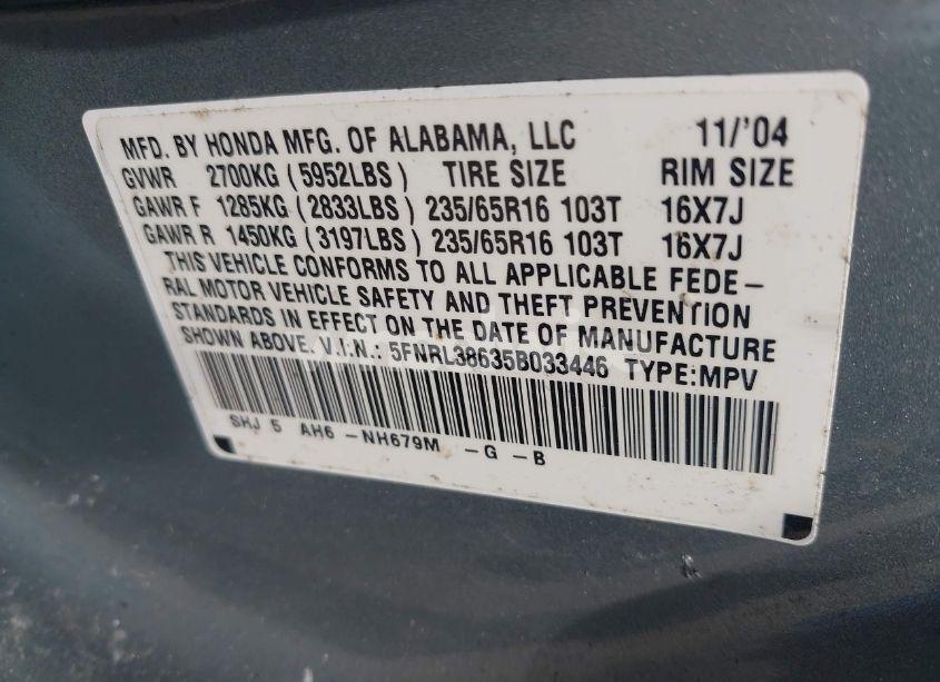 Photo 9 of 2005 Honda Odyssey EX-L (VIN 5FNRL38635B033446)
