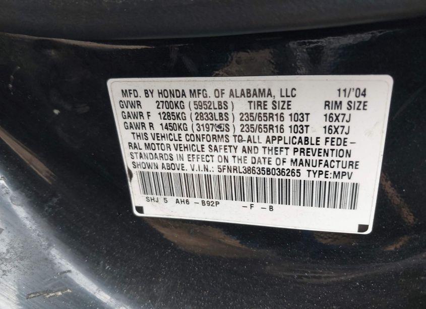 Photo 9 of 2005 Honda Odyssey EX-L (VIN 5FNRL38635B036265)