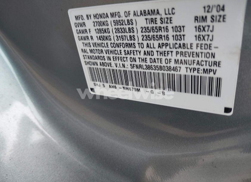 Photo 9 of 2005 Honda Odyssey EX-L (VIN 5FNRL38635B038467)