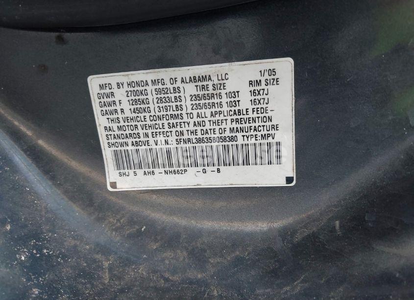 Photo 9 of 2005 Honda Odyssey EX-L (VIN 5FNRL38635B058380)