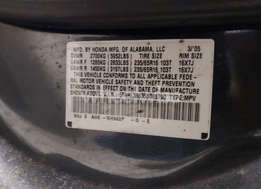 Photo 9 of 2005 Honda Odyssey EX-L (VIN 5FNRL38635B085790)