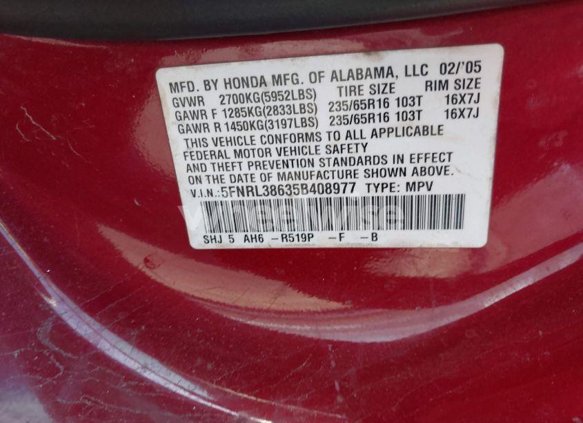 Photo 9 of 2005 Honda Odyssey EX-L (VIN 5FNRL38635B408977)