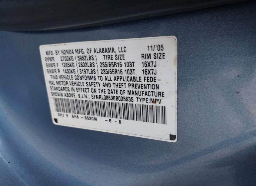 Photo 9 of 2006 Honda Odyssey EX-L (VIN 5FNRL38636B035635)