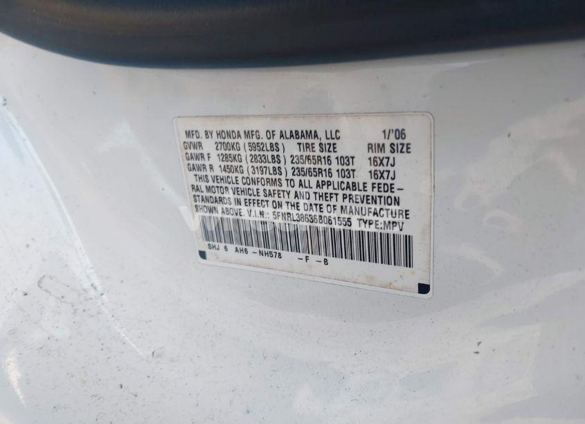 Photo 9 of 2006 Honda Odyssey EX-L (VIN 5FNRL38636B061555)