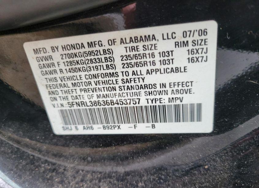 Photo 9 of 2006 Honda Odyssey (VIN 5FNRL38636B453757)