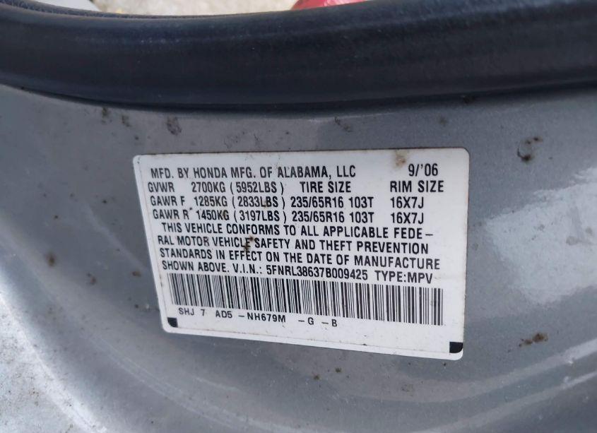 Photo 9 of 2007 Honda Odyssey EX-L (VIN 5FNRL38637B009425)