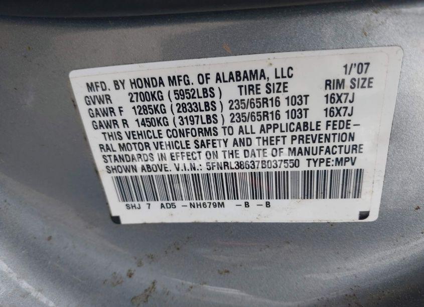 Photo 9 of 2007 Honda Odyssey EX-L (VIN 5FNRL38637B037550)