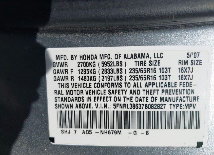 Photo 9 of 2007 Honda Odyssey EXL (VIN 5FNRL38637B082827)
