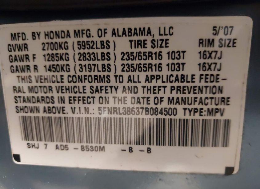 Photo 9 of 2007 Honda Odyssey EX-L (VIN 5FNRL38637B084500)