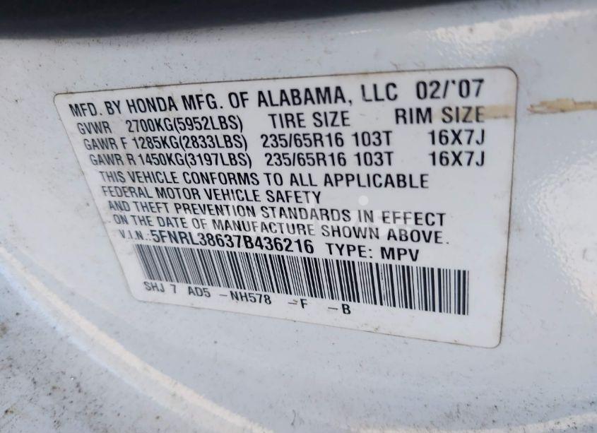 Photo 9 of 2007 Honda Odyssey EX-L (VIN 5FNRL38637B436216)