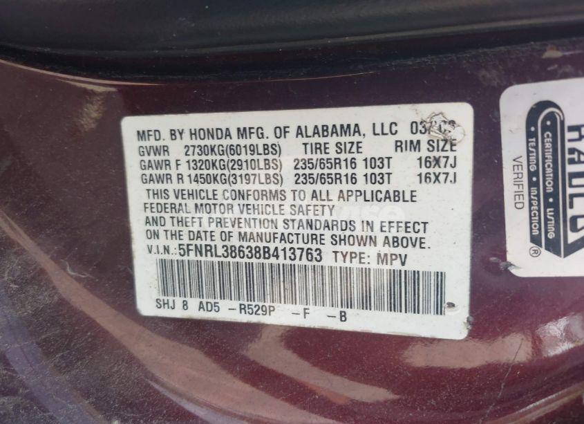 Photo 9 of 2008 Honda Odyssey EX-L (VIN 5FNRL38638B413763)