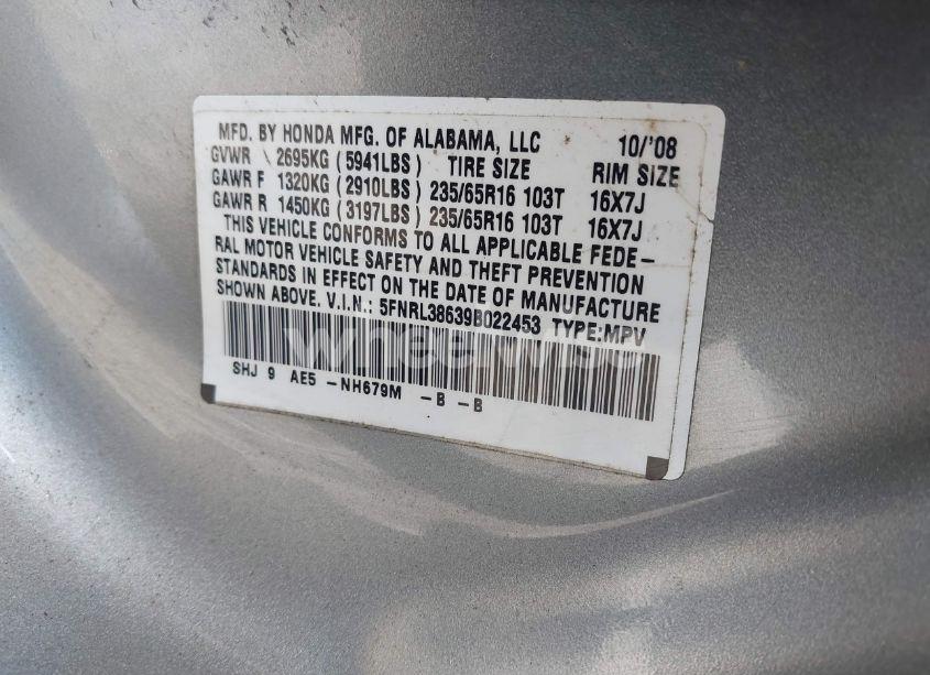 Photo 9 of 2009 Honda Odyssey EX-L (VIN 5FNRL38639B022453)