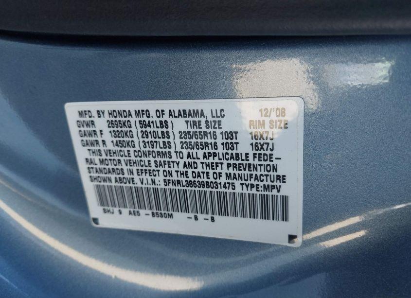Photo 9 of 2009 Honda Odyssey EX-L (VIN 5FNRL38639B031475)