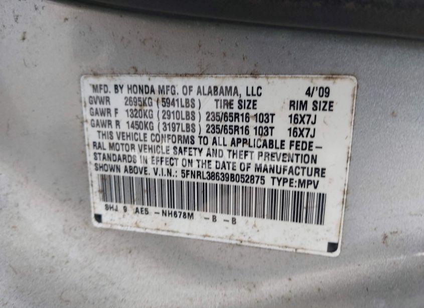 Photo 9 of 2009 Honda Odyssey EX-L (VIN 5FNRL38639B052875)