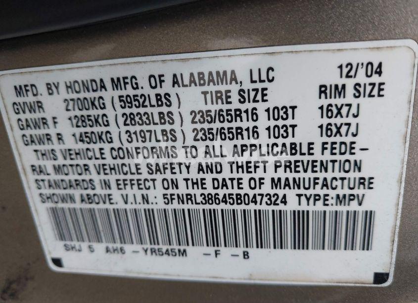 Photo 9 of 2005 Honda Odyssey EX-L (VIN 5FNRL38645B047324)