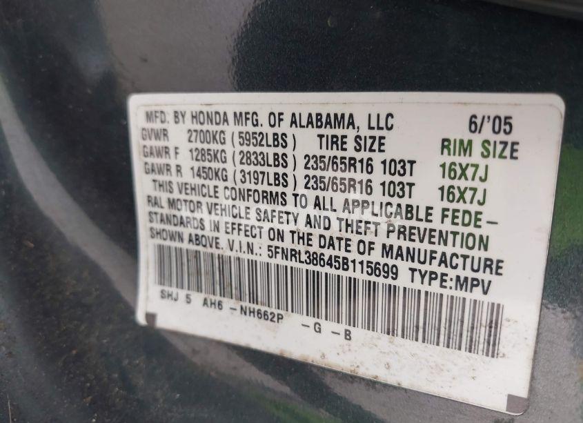 Photo 9 of 2005 Honda Odyssey EX-L (VIN 5FNRL38645B115699)