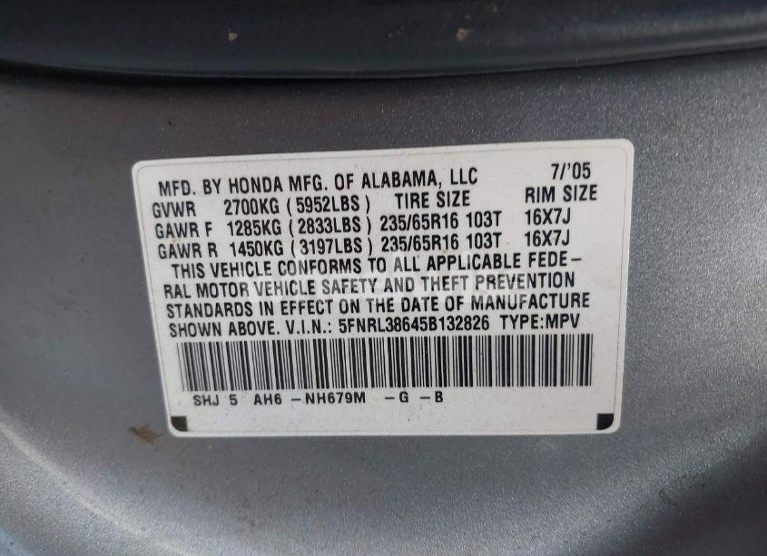 Photo 9 of 2005 Honda Odyssey EX-L (VIN 5FNRL38645B132826)