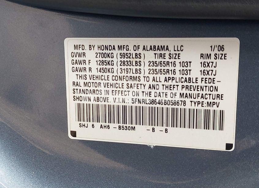 Photo 9 of 2006 Honda Odyssey EX-L (VIN 5FNRL38646B058678)