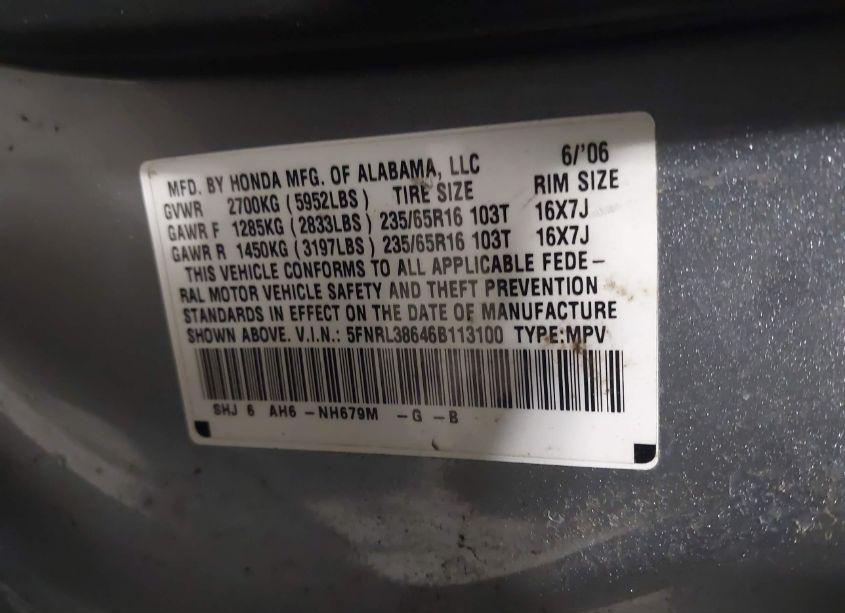 Photo 9 of 2006 Honda Odyssey EX-L (VIN 5FNRL38646B113100)