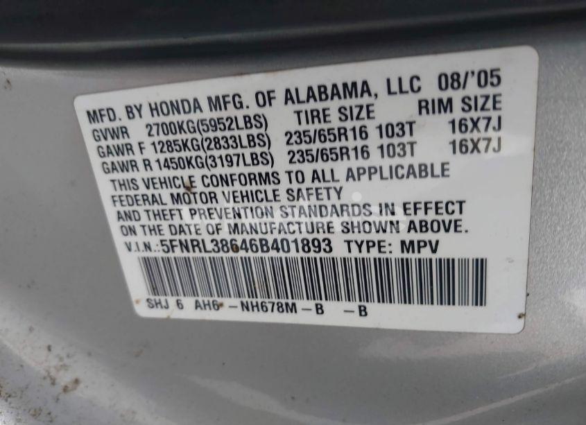 Photo 9 of 2006 Honda Odyssey EX-L (VIN 5FNRL38646B401893)