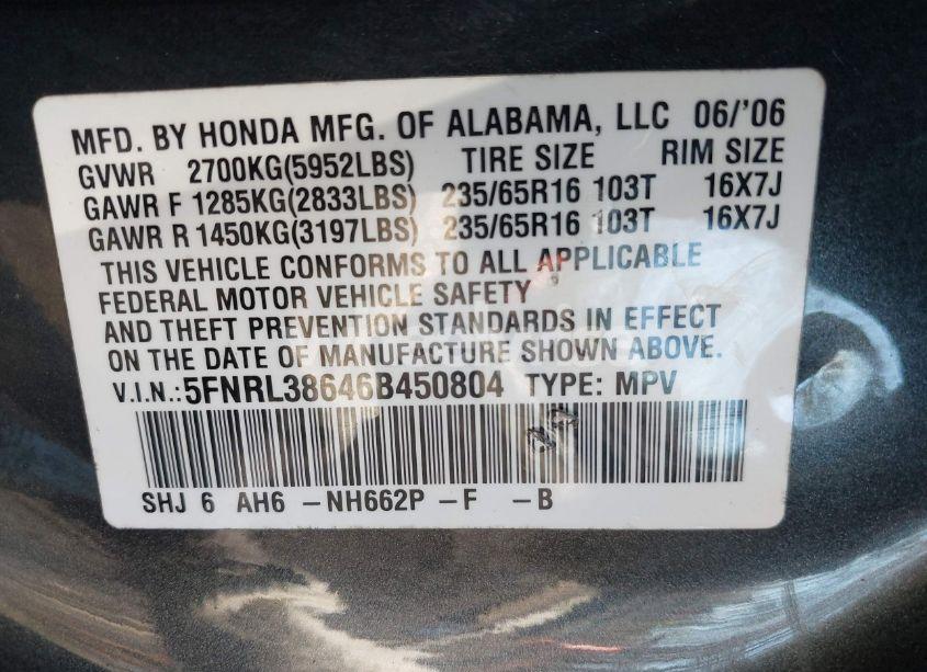 Photo 9 of 2006 Honda Odyssey EX-L (VIN 5FNRL38646B450804)