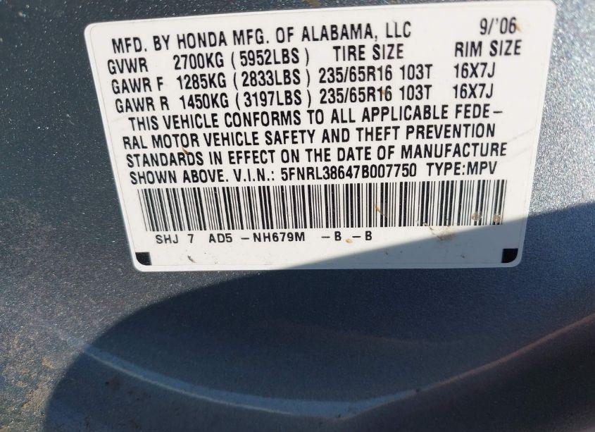 Photo 9 of 2007 Honda Odyssey EX-L (VIN 5FNRL38647B007750)