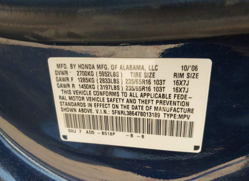 Photo 9 of 2007 Honda Odyssey EX-L (VIN 5FNRL38647B013189)