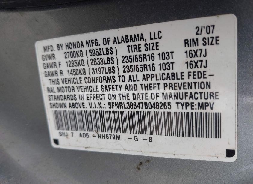 Photo 9 of 2007 Honda Odyssey EX-L (VIN 5FNRL38647B048265)