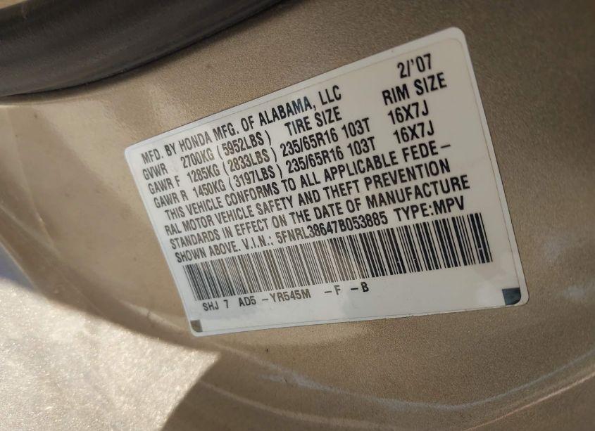 Photo 9 of 2007 Honda Odyssey EX-L (VIN 5FNRL38647B053885)