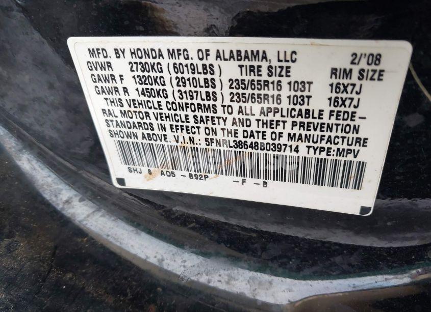 Photo 9 of 2008 Honda Odyssey EX-L (VIN 5FNRL38648B039714)