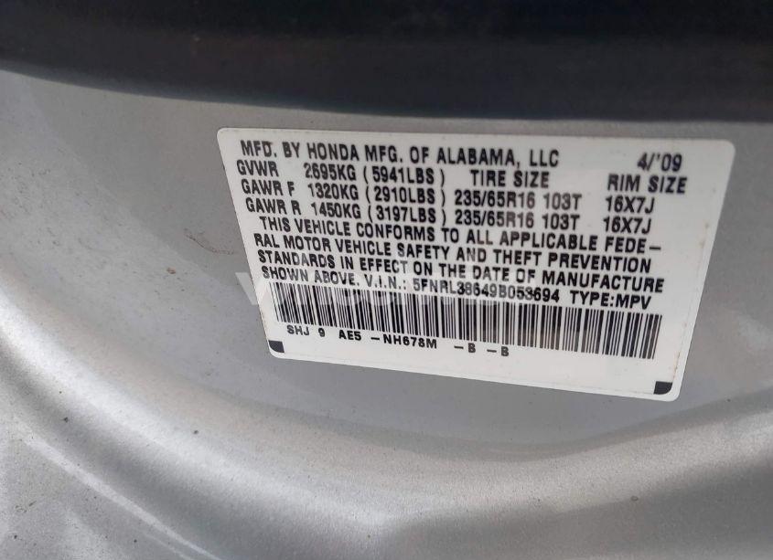 Photo 9 of 2009 Honda Odyssey EX-L (VIN 5FNRL38649B053694)