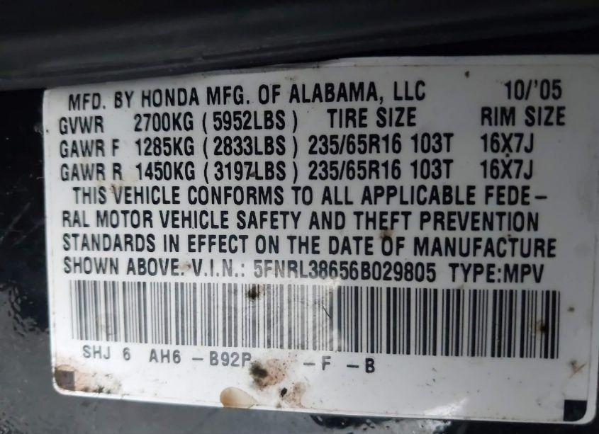 Photo 9 of 2006 Honda Odyssey EX-L (VIN 5FNRL38656B029805)