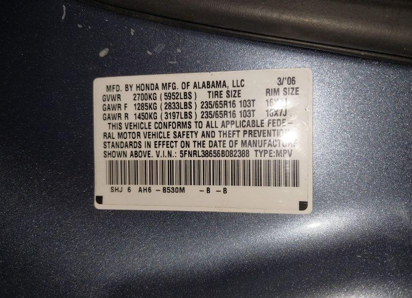 Photo 9 of 2006 Honda Odyssey EX-L (VIN 5FNRL38656B082388)
