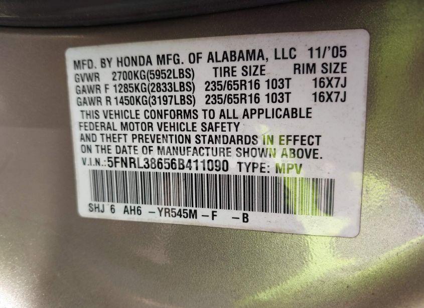 Photo 9 of 2006 Honda Odyssey EX-L (VIN 5FNRL38656B411090)