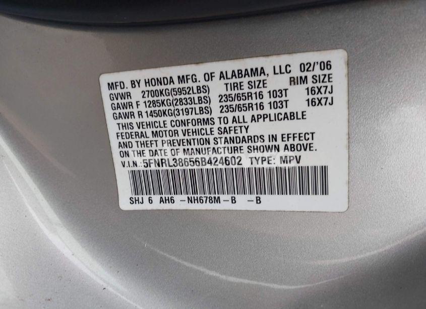 Photo 9 of 2006 Honda Odyssey EX-L (VIN 5FNRL38656B424602)