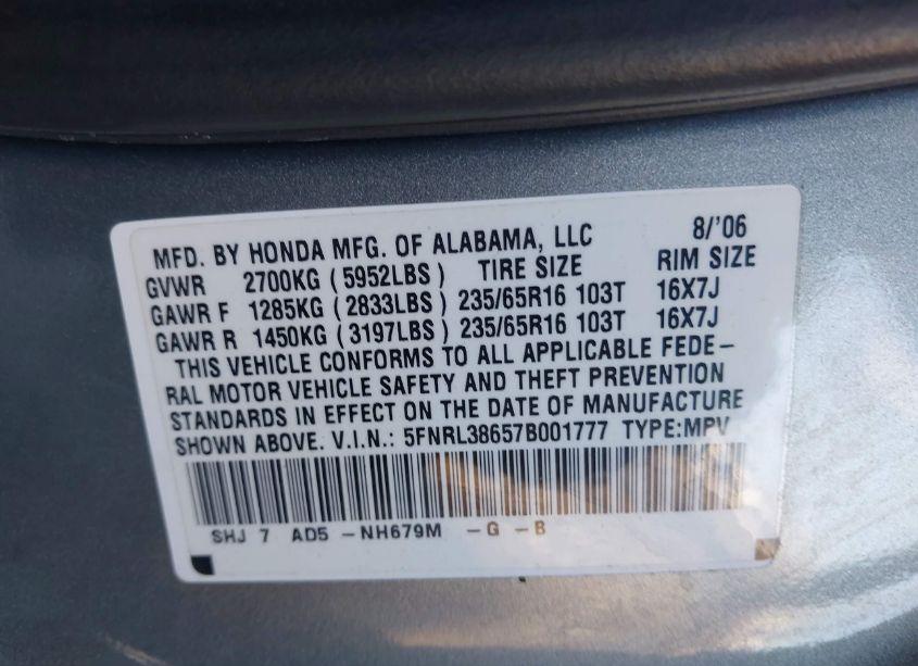 Photo 9 of 2007 Honda Odyssey EX-L (VIN 5FNRL38657B001777)