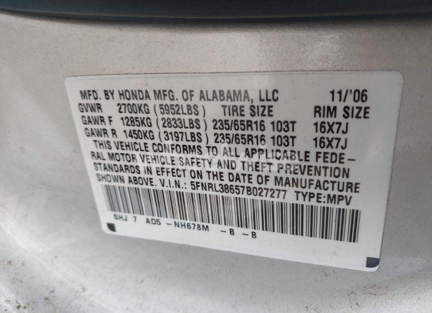 Photo 9 of 2007 Honda Odyssey EX-L (VIN 5FNRL38657B027277)