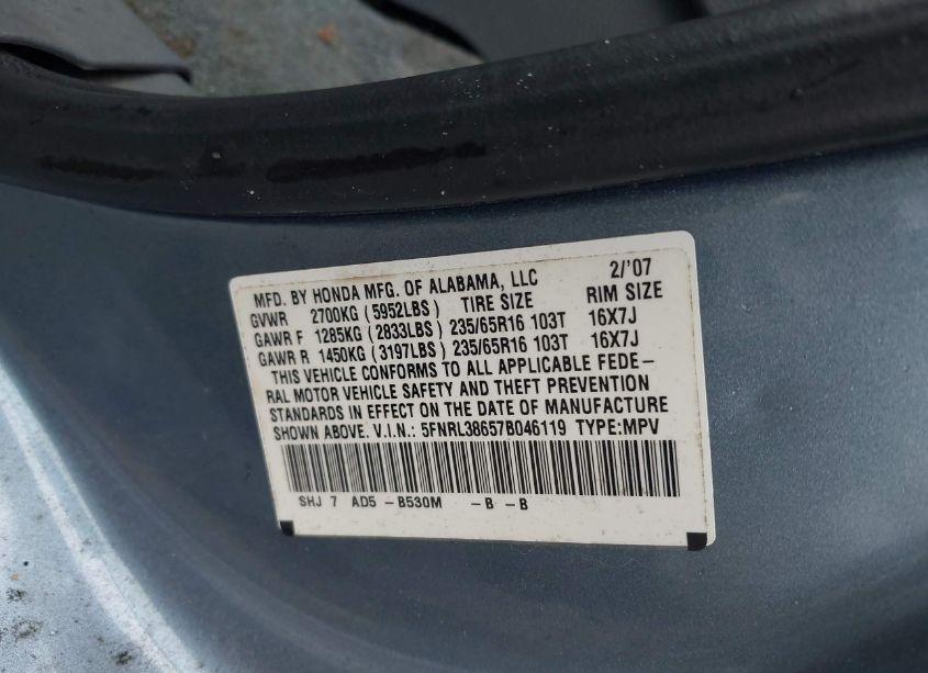 Photo 9 of 2007 Honda Odyssey EX-L (VIN 5FNRL38657B046119)