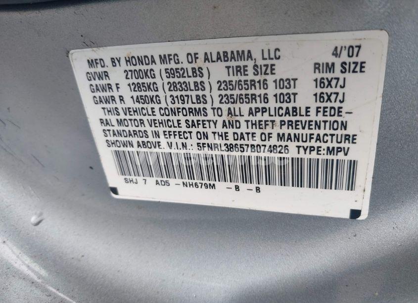 Photo 9 of 2007 Honda Odyssey EX-L (VIN 5FNRL38657B074826)