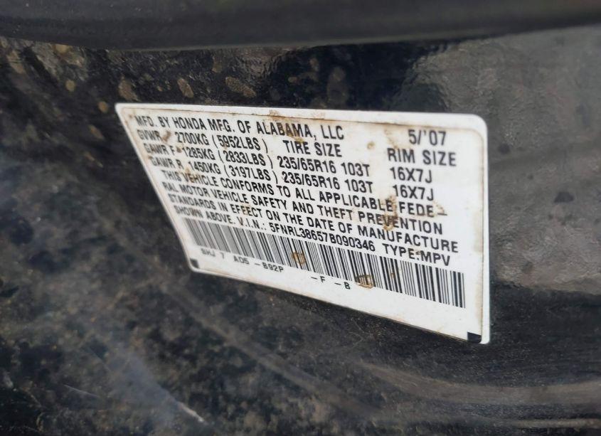 Photo 9 of 2007 Honda Odyssey EX-L (VIN 5FNRL38657B090346)