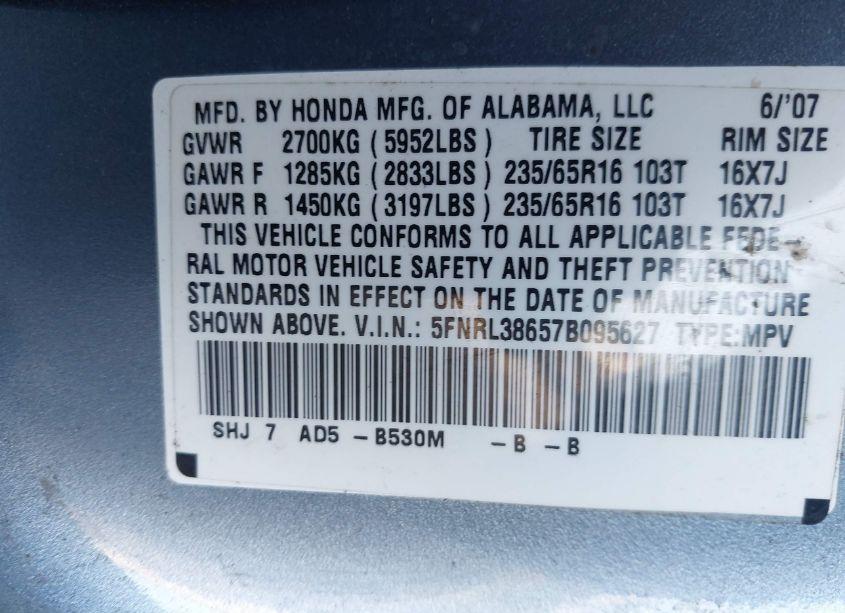 Photo 9 of 2007 Honda Odyssey EX-L (VIN 5FNRL38657B095627)