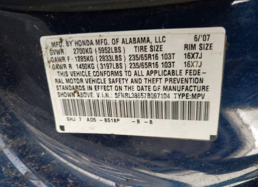 Photo 9 of 2007 Honda Odyssey EX-L (VIN 5FNRL38657B097104)