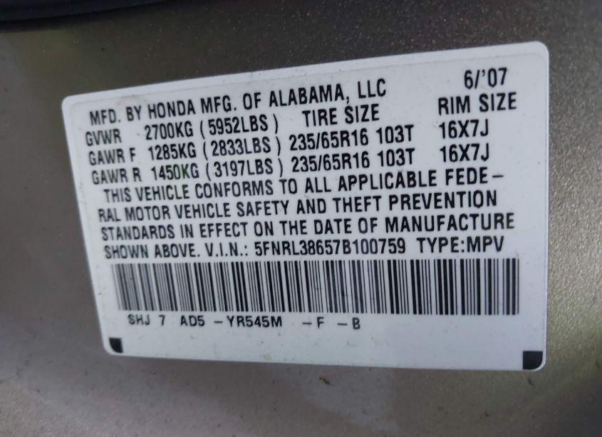 Photo 9 of 2007 Honda Odyssey EX-L (VIN 5FNRL38657B100759)