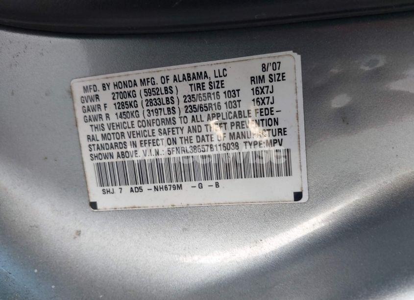 Photo 9 of 2007 Honda Odyssey EX-L (VIN 5FNRL38657B116038)