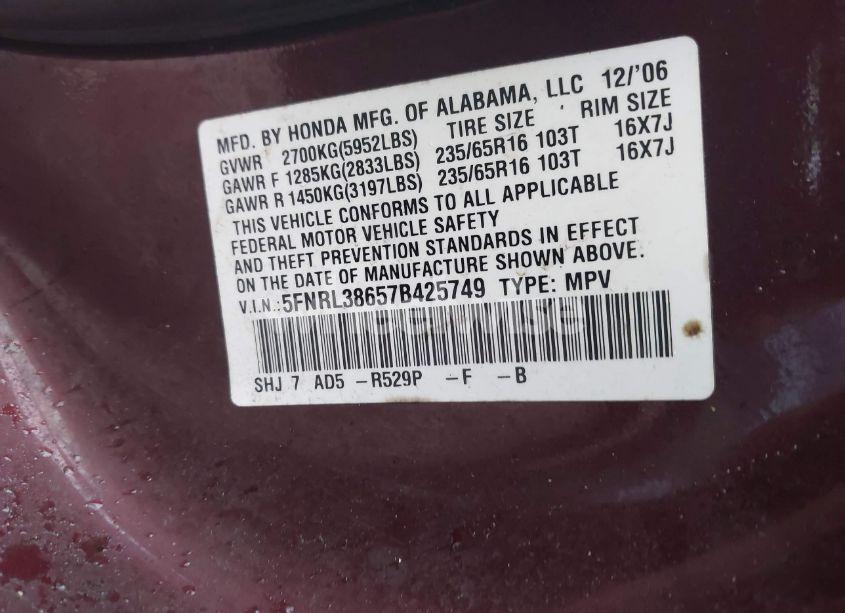 Photo 9 of 2007 Honda Odyssey EX-L (VIN 5FNRL38657B425749)