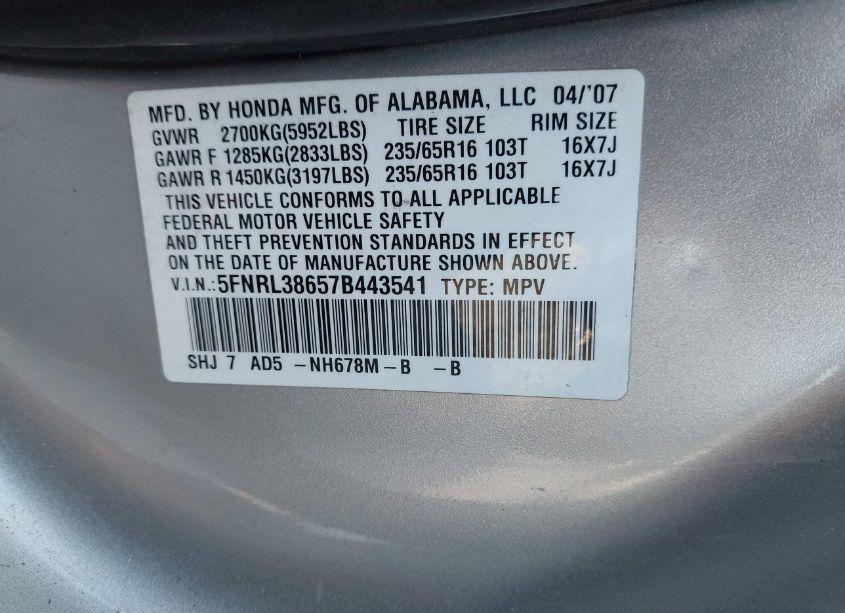 Photo 9 of 2007 Honda Odyssey EX-L (VIN 5FNRL38657B443541)