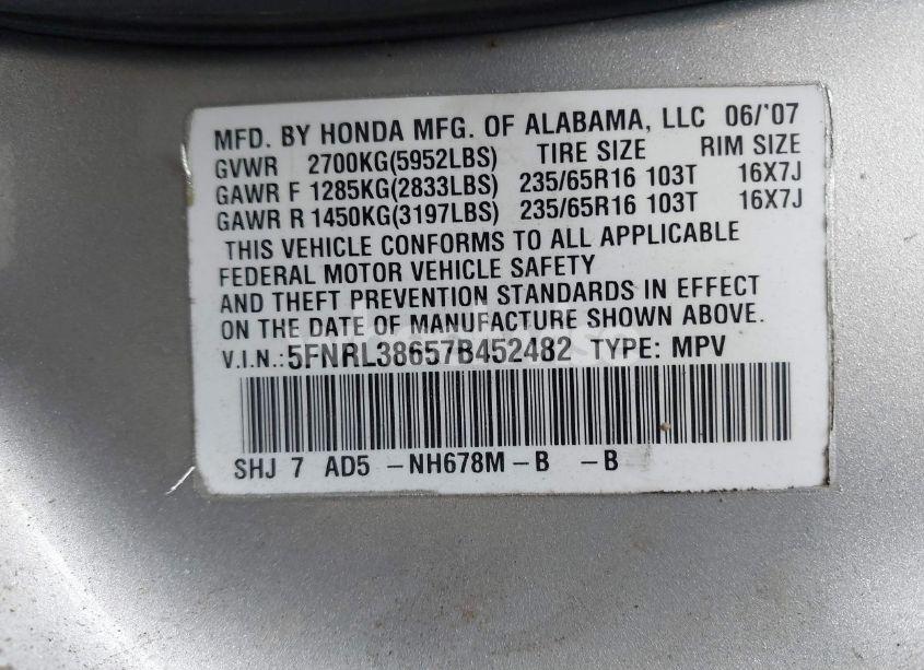 Photo 9 of 2007 Honda Odyssey EX-L (VIN 5FNRL38657B452482)